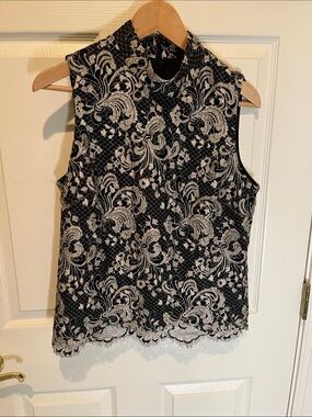 Talbots Black Sleeveless Mock Neck Camisole with Ivory Lace Overlay